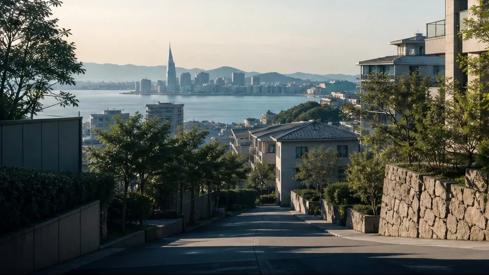 福岡住宅區的街道與遠處的博多灣